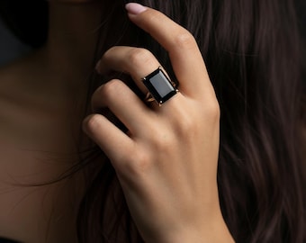 Black Onyx Ring · Gemstone Ring · Gold Ring · Rectangle Ring · Girlfriend Ring · Fashion Ring · Solid Gold Ring · Double Band Ring