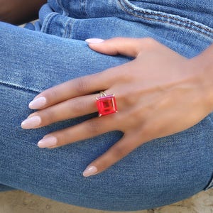 14k Ruby Ring · July Birthstone Ring · Square Cut Ruby Ring · Handmade Prong Ring · Large Cocktail Ring · Engraved Ring