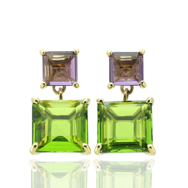 Multi-Stone Square Dangle Oorbellen · Peridot en Amethist oorbellen · Augustus en februari Geboortesteen oorbellen · Gouden handgemaakte edelsteen oorbellen