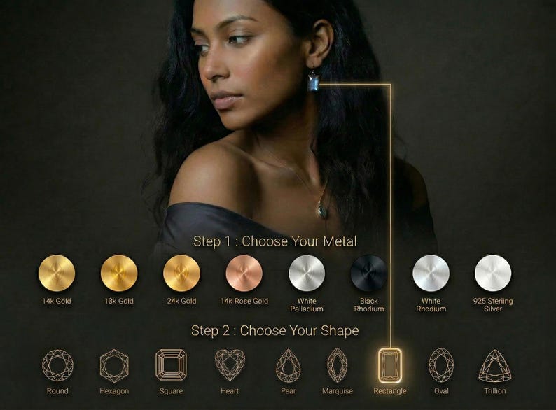 The image is a collage of various jewelry pieces, including diamonds and gemstones, along with a woman's profile. The collage includes images of different types of jewelry, such as round, hexagonal, square, heart, pendant, pear, marquise, rectangle, oval, and trilestone. The woman's profile is shown in profile, and the collage includes step-by-step instructions for choosing the metal and shape of the jewelry.