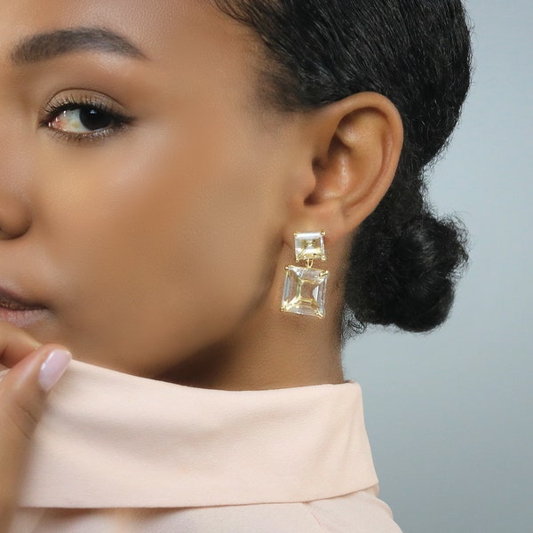 Square Dangle Earrings · Long Square Earrings · Raw Quartz 18k Gold Earrings · Vermeil Earrings · Princess Cut Gemstone Earrings