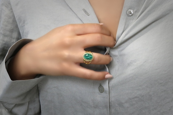 Unique Oval Cut Ring · Malachite Ring · Crown Ring · Solitaire Ring · Gold Ring · Yellow Gold Ring · Solid Gold Ring · 14k Rings For Women