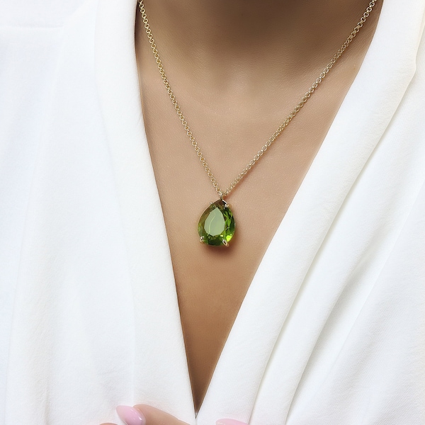 Pear Peridot Pendant · Teardrop Necklace Gold · August Birthstone Jewelry · Anniversary Gift Necklace · Gemstone Necklace