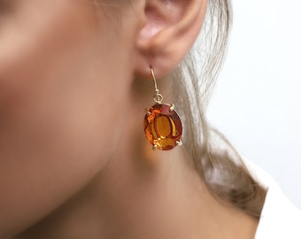 Large Oval Statement Citrine Earrings in Gold Filled · November Birthstone Earrings · Orange Gem Earrings · Handcrafted Gift for Her
