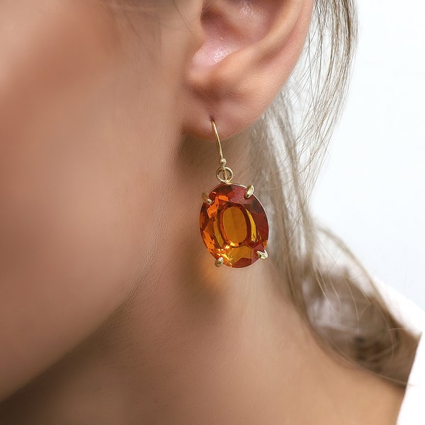 Large Oval Statement Citrine Earrings in Gold Filled · November Birthstone Earrings · Orange Gem Earrings · Handcrafted Gift for Her
