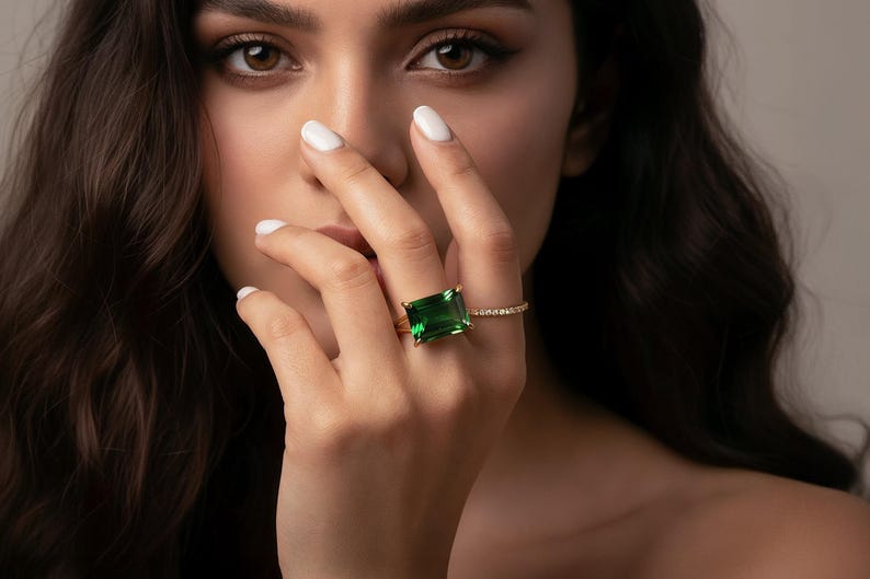 Silver Emerald Ring · Green Emerald Ring · 925 Rectangle Ring · May Birthstone Ring · Large Wide Prong Ring image 4