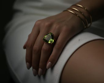 Gold Trillion Cut Peridot Ring · Green Gemstone Ring · August Birthstone Jewelry · Trilliant Statement Ring