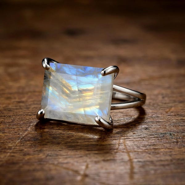 925 Sterling Silver Rainbow Moonstone Ring · Wide Rectangle Cut Birthstone · Anniversary Gift