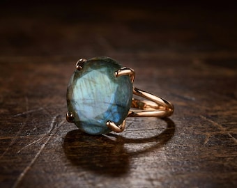 Multi Color Labradorite Ring · 18k Rose Gold Semiprecious Labradorite Jewelry · Split Band Ring
