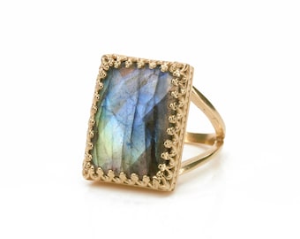 Rose Gold Labradorite Ring · Gemstone Ring · Rectangular Ring · Large Ring · Big Statement Ring · Natural Stone Ring · Bridal Ring