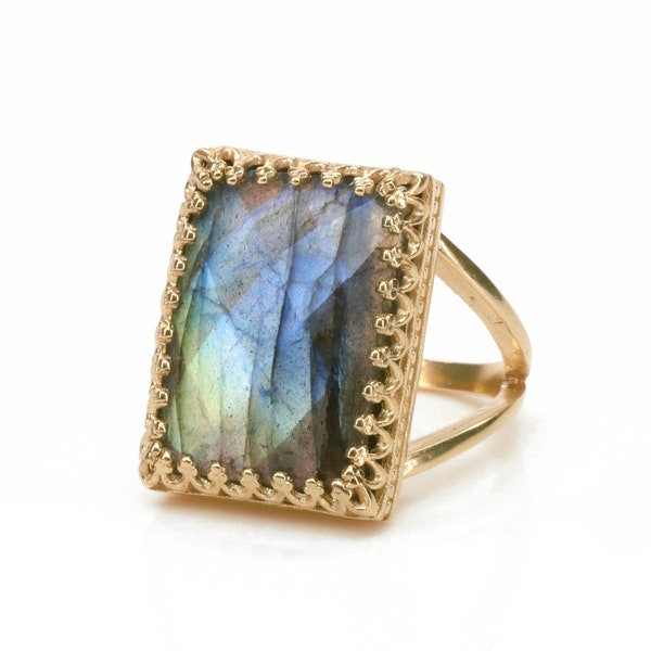 Rose Gold Labradorite Ring · Gemstone Ring · Rectangular Ring · Large Ring · Big Statement Ring · Natural Stone Ring · Bridal Ring