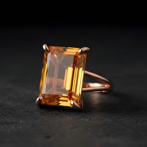 11月のシトリンリング・長方形ローズゴールドリング・14カラット誕生石リング・ハンドメイドの宝石リング・ビッグストーンステートメントリング