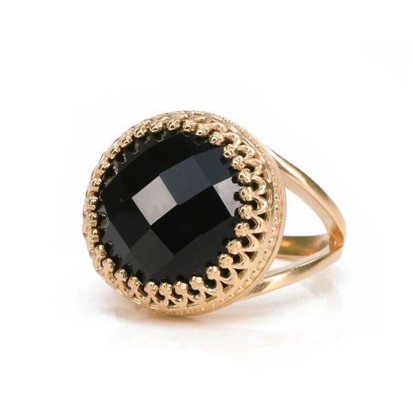 Large Black Onyx Ring For Women · Round Gemstone Ring · Faceted Stone Ring · Vintage Ring · Crown Ring · Rose Gold Ring