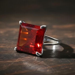 May include: A silver ring with a large, square-cut, radiant red gemstone. The gemstone is held in place by four silver prongs, and the ring has a simple, split-shank band. The ring is on a dark, textured wooden surface.