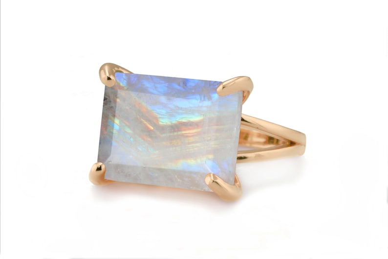 Moonstone Ring \u00b7 Rainbow Ring \u00b7 Rectangle Ring \u00b7 Gemstone Ring \u00b7 October Birthstone Ring \u00b7 Statement Ring \u00b7 Rose Gold Ring \u00b7 Rings For Women