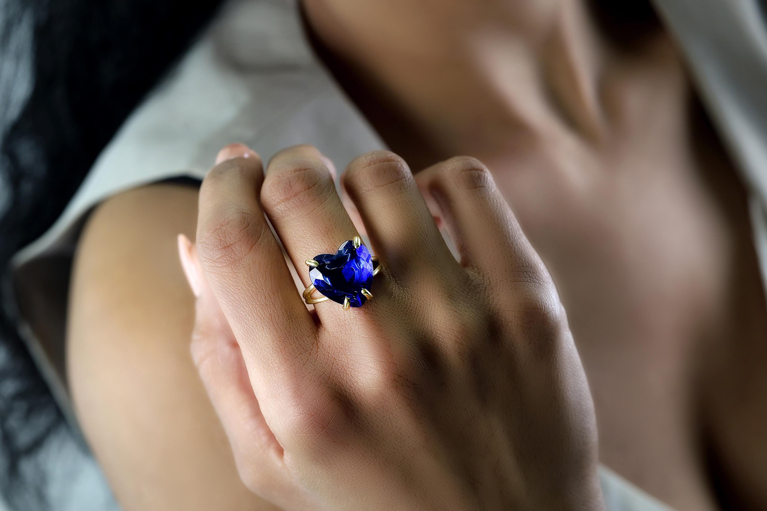 Sterling Silver Heart Ring With Blue Simulated Sapphire - Solid 925 Silver, Size 7, Love Band - View #3