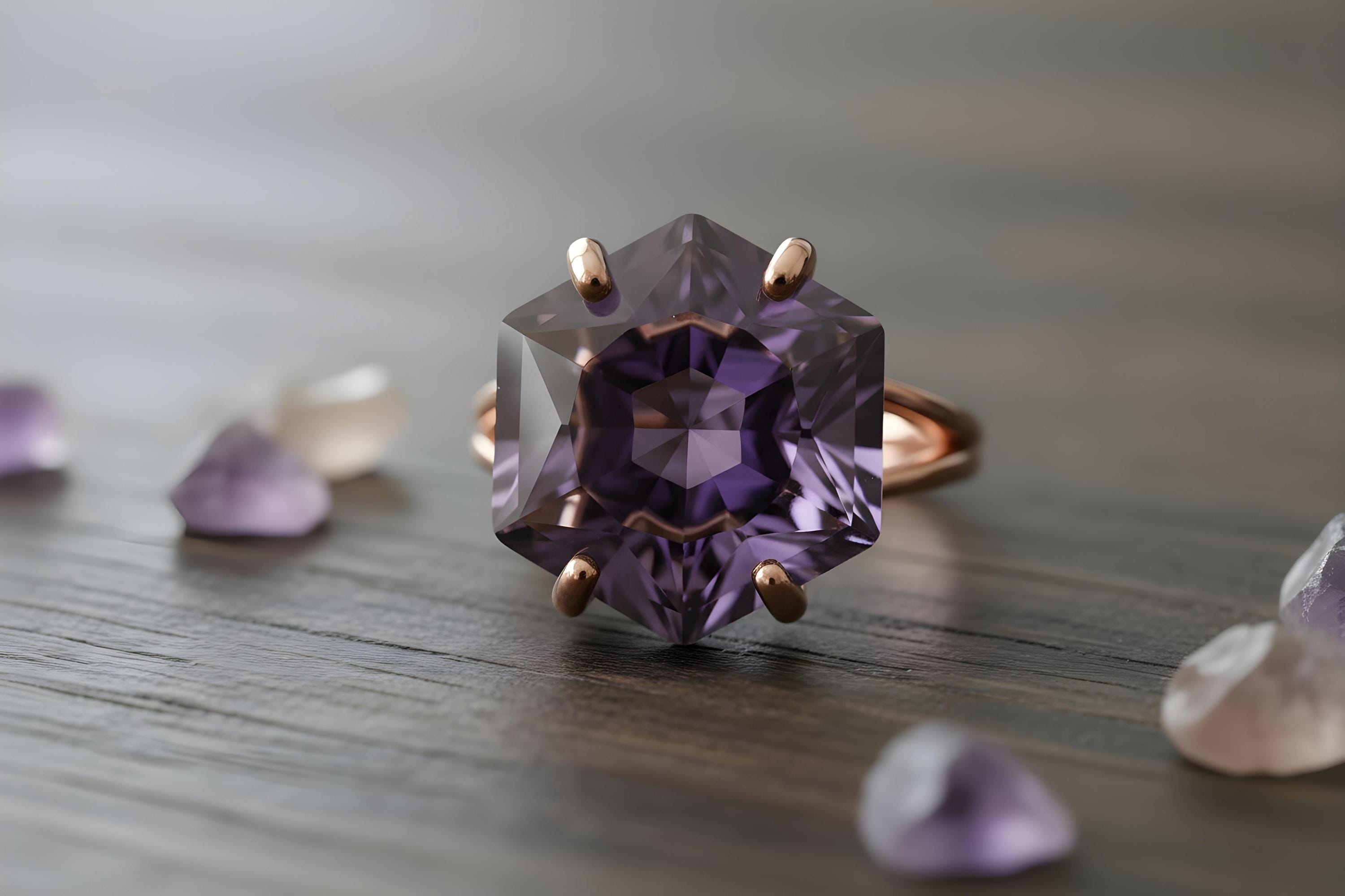 February Rings Double Band Amethyst Ring · February Birthstone Ring · 14k Gold Hexagon ...