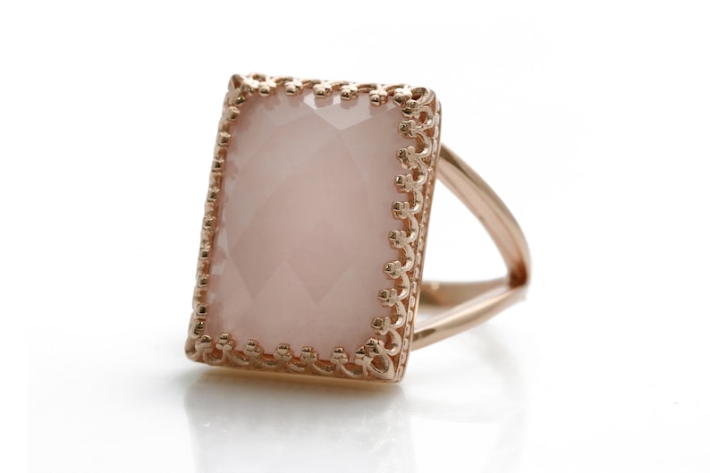 Rose Quartz Ring Large Cocktail Ring Rectangular Ring Rose Gold Ring Statement Ring Gemstone Ring Love Ring Lovers Ring image 2