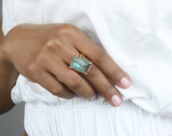 Gold Ring · Labradorite Ring · Rectangle Ring · Gold Statement Ring · Bridal Ring · Engagement Ring · Rectangular Stone Ring · Handmade Ring