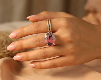 Rhodonite Gemstone Ring - Horizontal Oval Pink Stone, Gold Filled