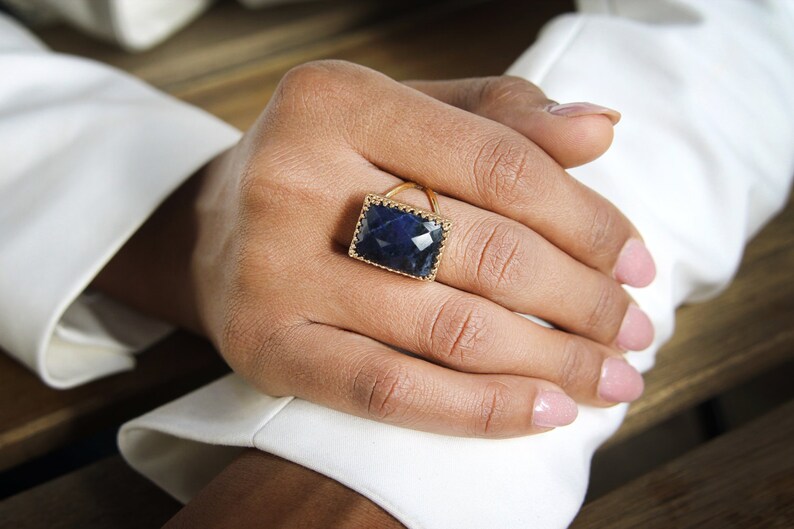 Sodalite ring,rectangular gold ring,statement ring,double band ring,gemstone ring,healing ring