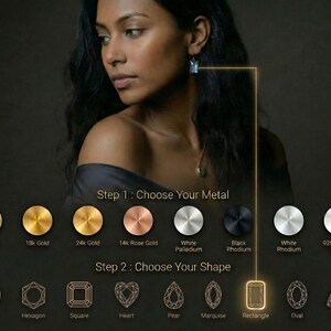 The image is a collage of various jewelry pieces, including diamonds and gemstones, along with a woman's profile. The collage includes images of different types of jewelry, such as round, hexagonal, square, heart, pendant, pear, marquise, rectangle, oval, and trilestone. The woman's profile is shown in profile, and the collage includes step-by-step instructions for choosing the metal and shape of the jewelry.