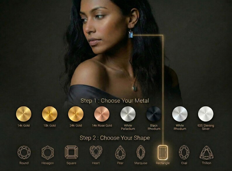 The image is a collage of various jewelry pieces, including diamonds and gemstones, along with a woman's profile. The collage includes images of different types of jewelry, such as round, hexagonal, square, heart, pendant, pear, marquise, rectangle, oval, and trilestone. The woman's profile is shown in profile, and the collage includes step-by-step instructions for choosing the metal and shape of the jewelry.