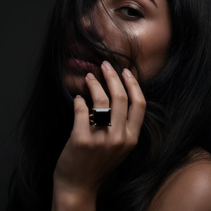Black Onyx Ring · Square Ring · Gold Prong Ring · Large Ring · Statement Ring · Double Band Ring · Gemstone Ring · Gold Rings For Women