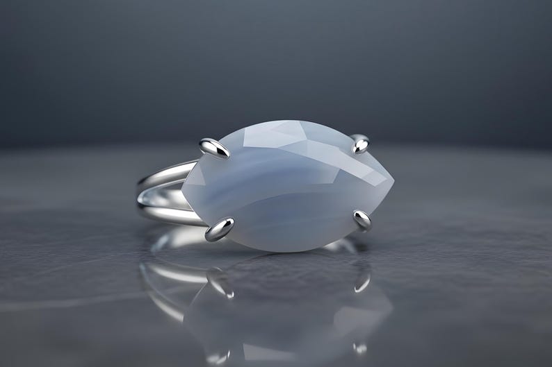 Blue Lace Agate Ring · Large Marquise Ring · Sterling Silver Gemstone Ring · Gift For Mom · 925 Silver Stone Ring · Natural Gem Ring image 3