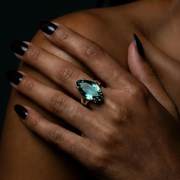 Sterling Silver Marquise Cut Blue Tourmaline Gemstone Ring · October Birthstone Statement Jewelry