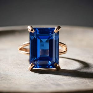 Rectangular Sapphire Ring · 14k Gold Sapphire Ring · 14k Emerald Cut Ring · Deep Blue Ring · Gold Rectangle Ring image 2