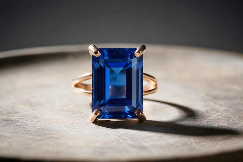 Rectangular Sapphire Ring · 14k Gold Sapphire Ring · 14k Emerald Cut Ring · Deep Blue Ring · Gold Rectangle Ring image 2