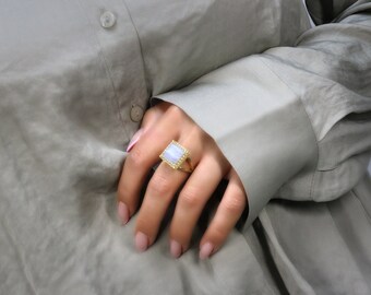 Gold Ring · Square Ring · Lace Agate Ring · Vintage Ring · Gemstone Ring · Bridesmaid Gifts · Birthday Gift · Semiprecious Ring