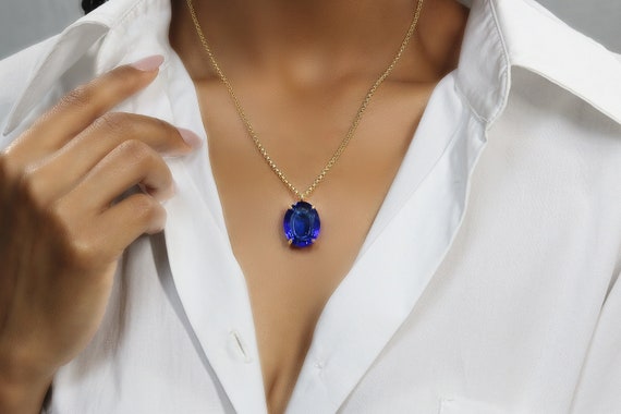 Oval Blue Sapphire Necklace Birthday Gift for Her September Birthstone Necklace Blue Sapphire Pendant Etsy
