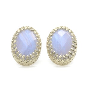 Blue Lace Agate Stud Oval Earrings · 925 Silver Gemstone Earrings · Handcrafted Faceted Stone Earrings