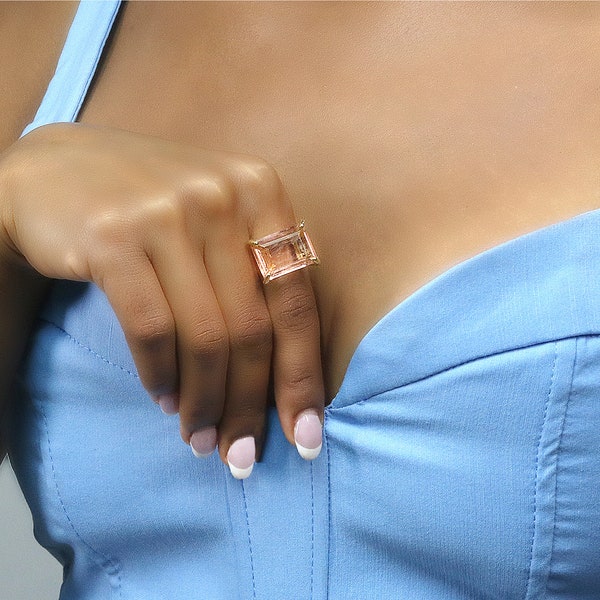 Rectangular Morganite  Ring · 18k Peach Gold Morganite Ring · Emerald Cut Ring · Morganite Statement Ring For Women