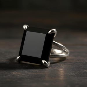 Sterling Silver Ring · Square Ring · Black Onyx Ring · Square Gemstone Ring · Emerald Cut Ring · 925 Silver Ring · Diamond Alternative Ring