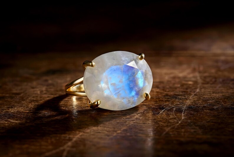 June Birthstone · Rainbow Moonstone Oval Cut Ring · Gemstone Calmness Handmade Jewelry image 4