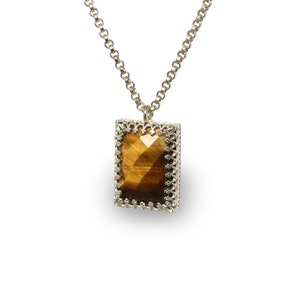 Silver Tiger Eye Necklace  · Faceted Rectangle Necklace · 18k Gold Vermeil Necklace · Brown Gemstone Necklace · Statement Pendant