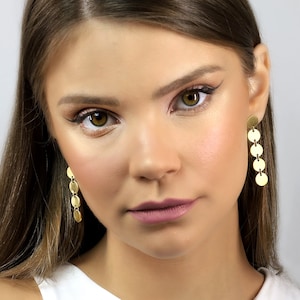 Circles Geometric Earrings · 18k Circle Earrings · Long Yellow Gold Earrings · Brushed Gold Earrings · Bridal Earrings · Solid Gold Earrings