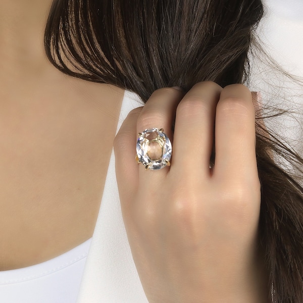 Large Quartz Ring · Crystal Quartz Ring · Silver Ring · Gemstone Ring · Oval Ring · Sterling Silver Ring