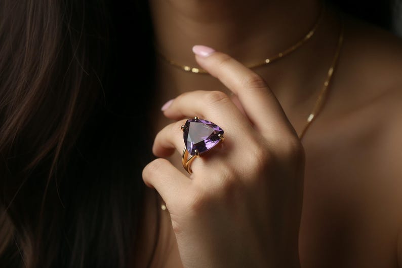 Trillion Amethyst Ring · Sterling Silver Ring · Purple Gemstone Ring · 925 Silver Stone Ring · February Birthstone Ring image 4
