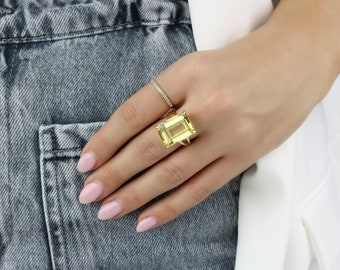 Lemon Quartz Ring · Rectangle Ring · Gold Rectangular Ring · 14k Gold Filled Ring · Gold Cocktail Ring · Double Band Ring