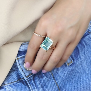 14k Rose Gold Topaz Ring · Large Rectangle Gemstone Ring · November Birthstone Ring · Blue topaz Ring · Custom Engraved Ring