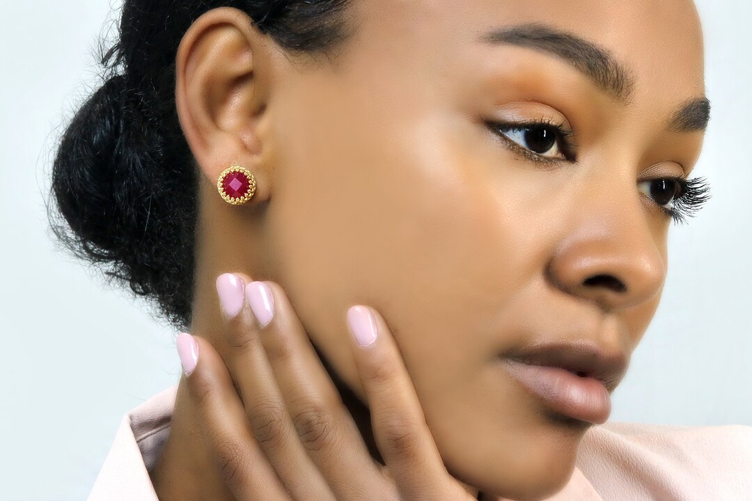 Red Jade Earrings Gold Stud Earrings 14k Yellow Gold Earrings Bridal