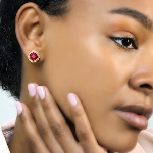Red Jade Earrings · Gold Stud Earrings · 14k Yellow Gold Earrings · Bridal Earrings · Bridesmaid Gifts · Round Gemstone Earrings