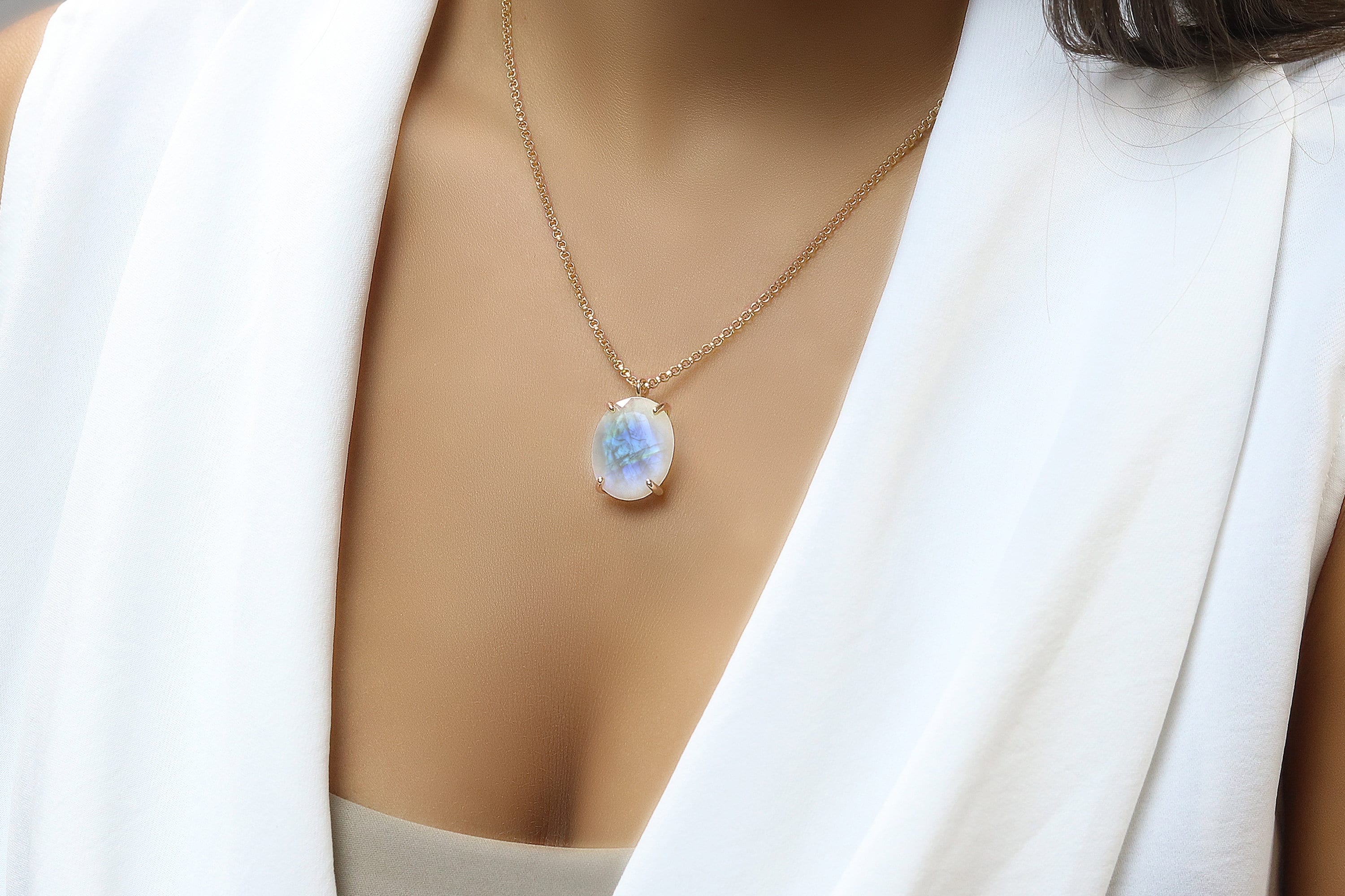 Rose Gold Moonstone Necklace Oval Cut 