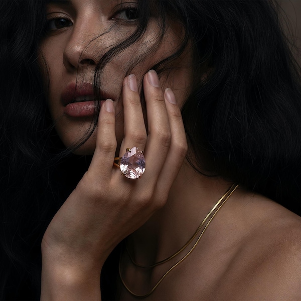 Anillo de oro rosa · Anillo de cuarzo rosa · Anillo en forma de pera · Anillo en forma de lágrima · Anillo de piedras preciosas · Anillo de cuarzo del amor · Regalos para mamá · Anillo de amor propio