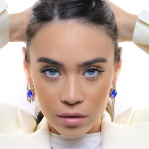 Lab Created Sapphire Earrings · 18k Gold Vermeil Earrings · Dangle Earrings Gold · September Gemstone Earrings · Bridal Earrings 18k Gold