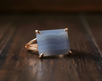 Blue Lace Agate Ring · Rectangle Ring · Wide Stone Ring · Gemstone Ring · Semiprecious Ring · Rose Gold Ring · Prong Cocktail Ring For Women